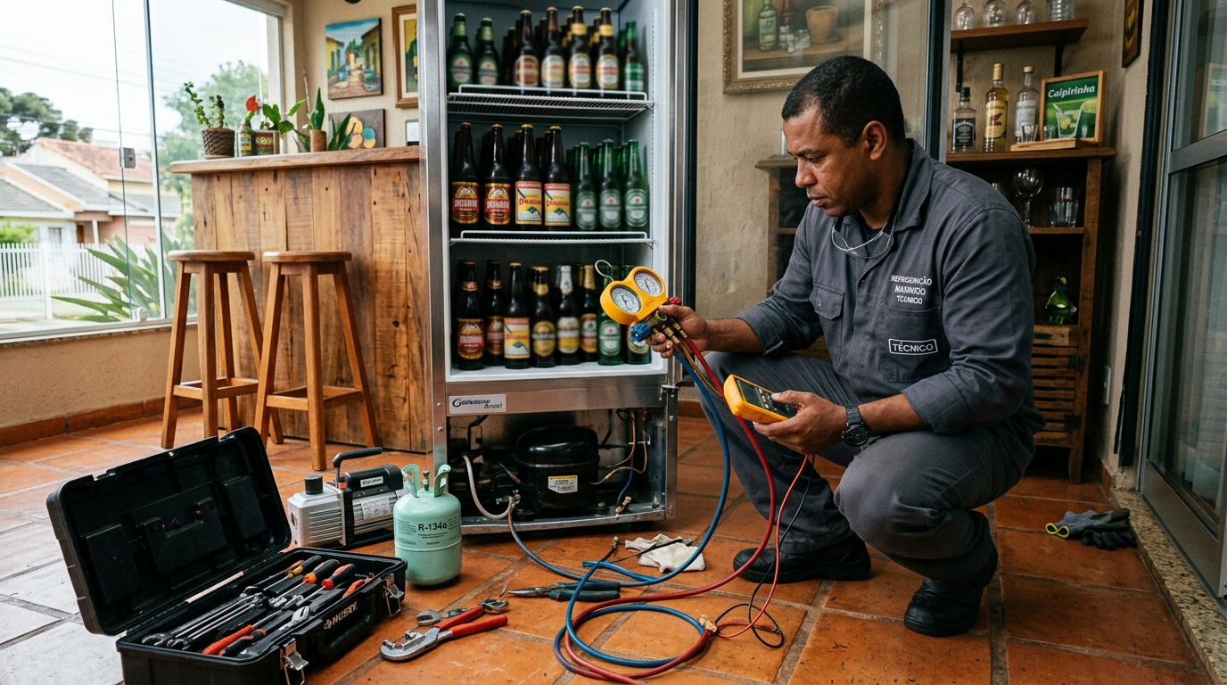 Profissional executando reparo no motor de cervejeira no Centro, Cotia‑SP