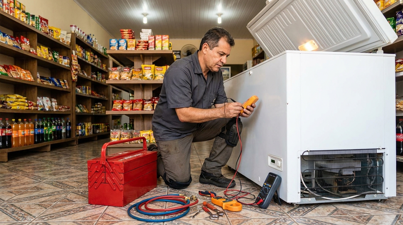 Recarga de gás refrigerante no freezer durante atendimento em Cotia‑SP