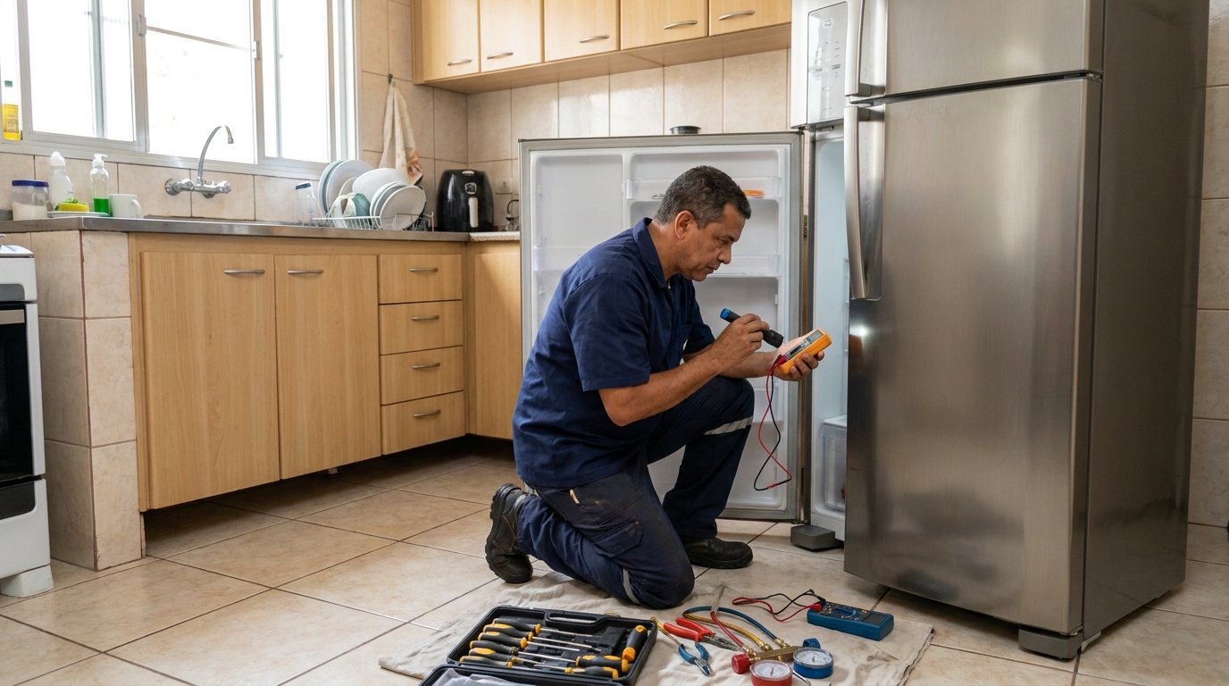 Técnico aplicando recarga de gás refrigerante em geladeira na Caputera, Cotia‑SP