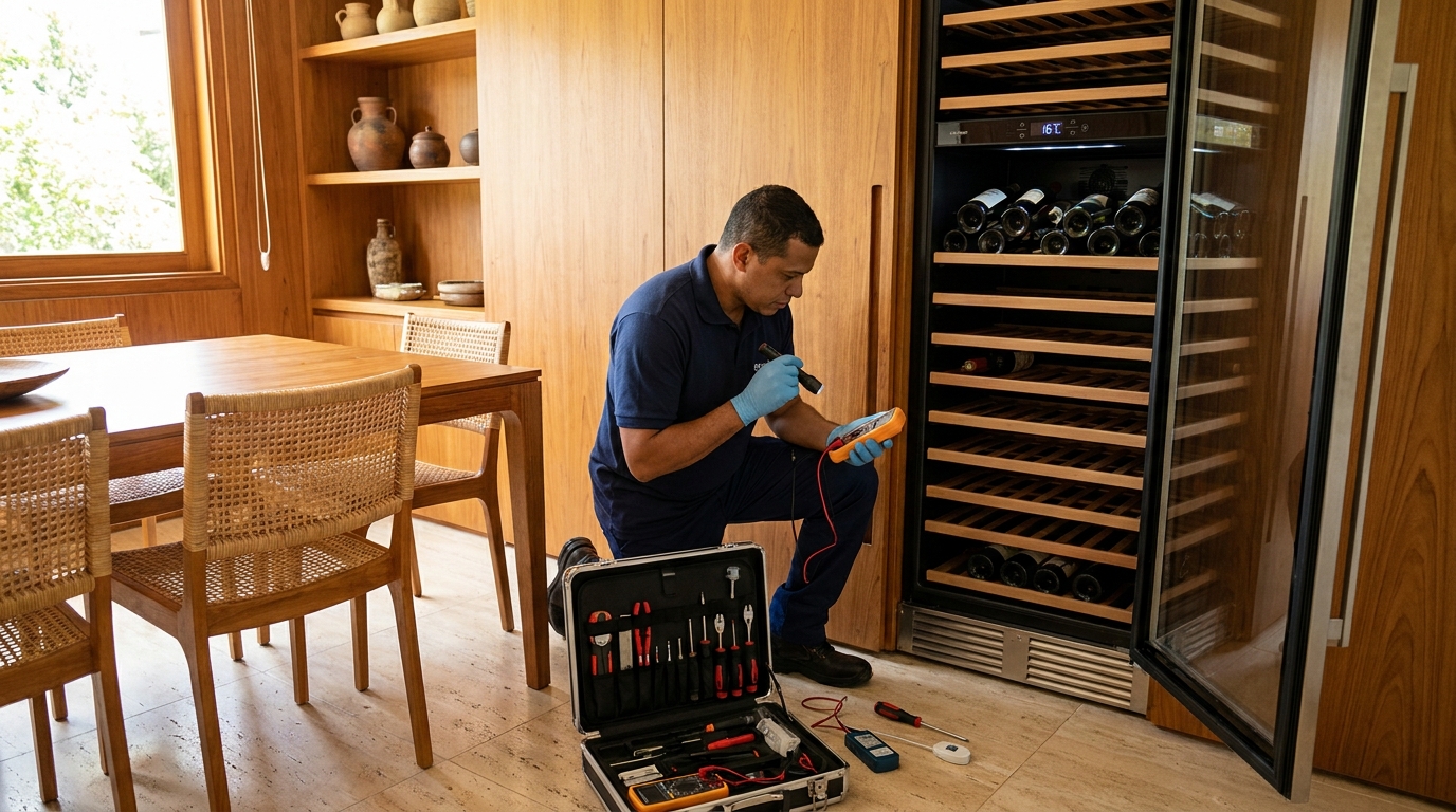 Substituição de termostato em adega climatizada em visita técnica nas Chácaras do Refúgio, Cotia‑SP
