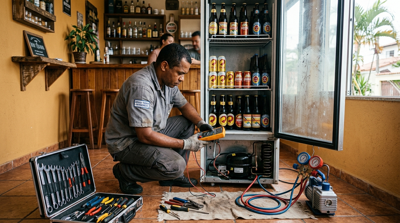 Substituição de termostato de cervejeira em serviço técnico no Centro, Cotia‑SP